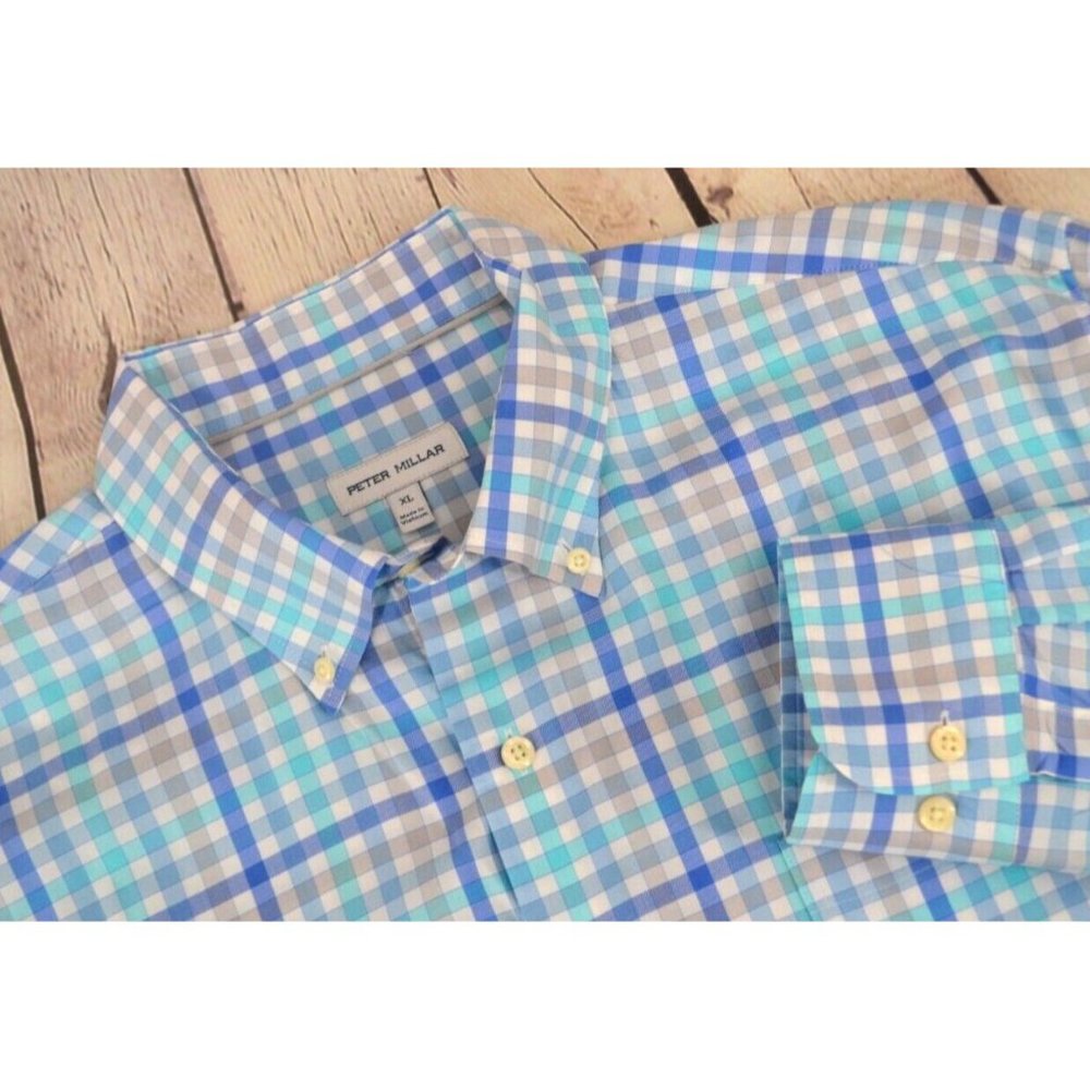 PETER MILLAR Men's Long Sleeve Button Front‎ Shirt SIZE XL Blue Check